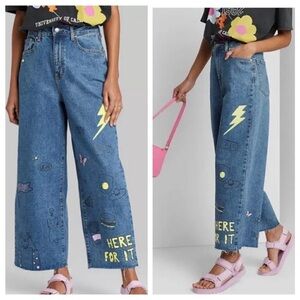 Wild Fable Highest Rise Wide Leg Ankle Jeans Doodle Print High Rise